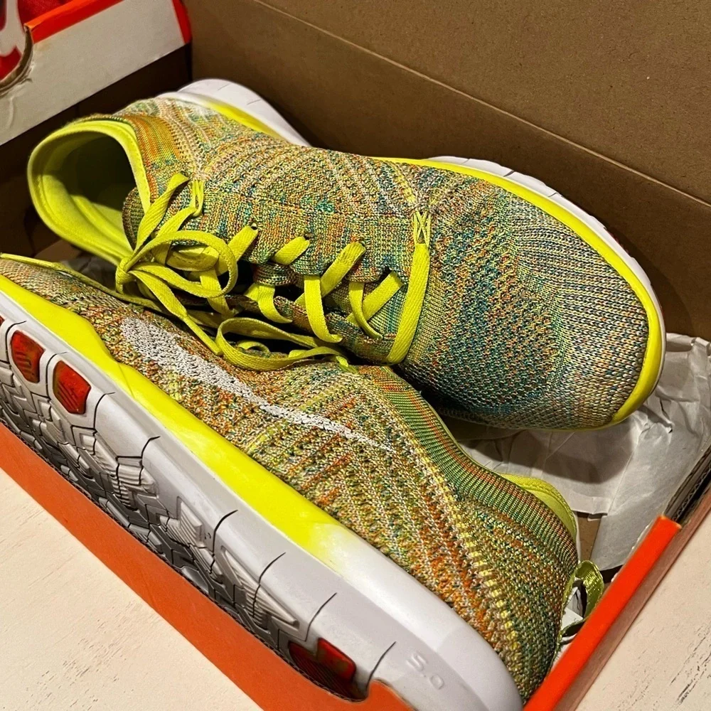 Like New: Nike Free Flyknit Running Sneakers. Wmns Size 9.5 Volt/White/Hot Lava